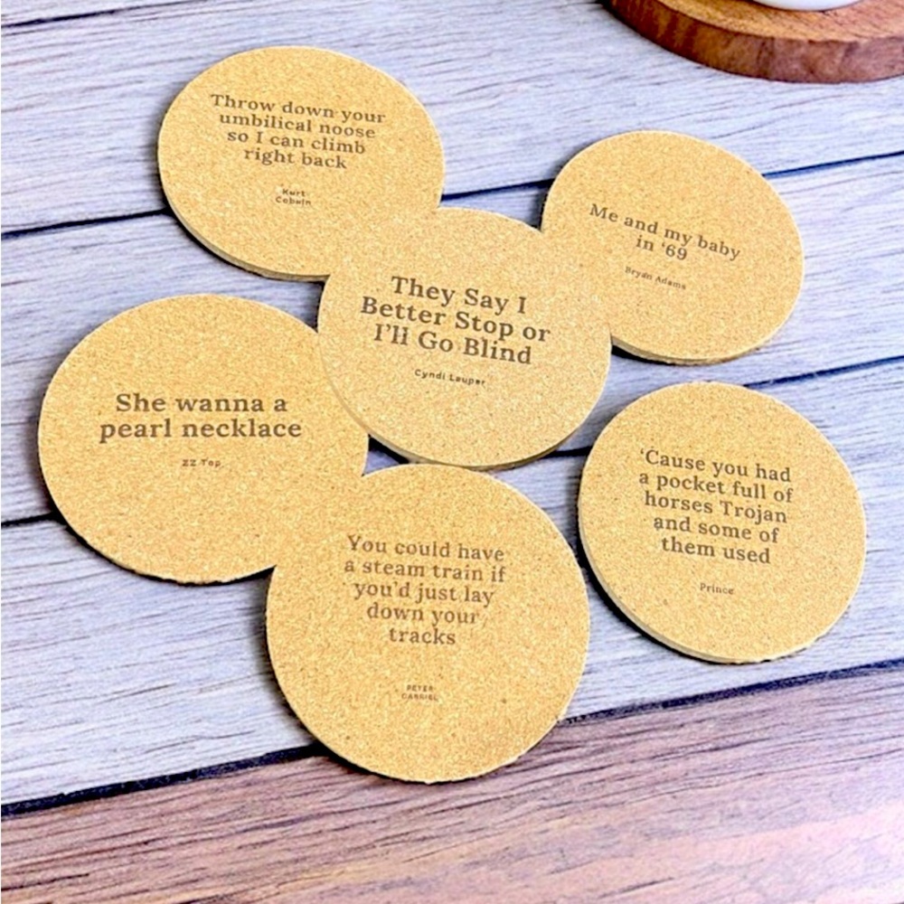 6 Naughty Song Lyrics Round Cork Coasters